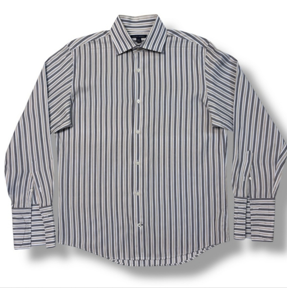 BANANA REPUBLIC Tan & Blue Striped Oxford Cotton Button Front Dress Shirt
